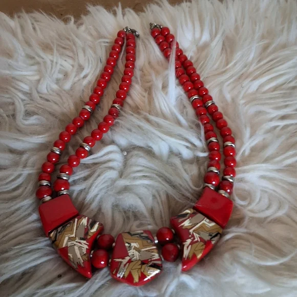 Vintage Y2K Red Statement Necklace Metallic Graffiti Art Bead Chunky Bib Collar - Picture 6 of 7